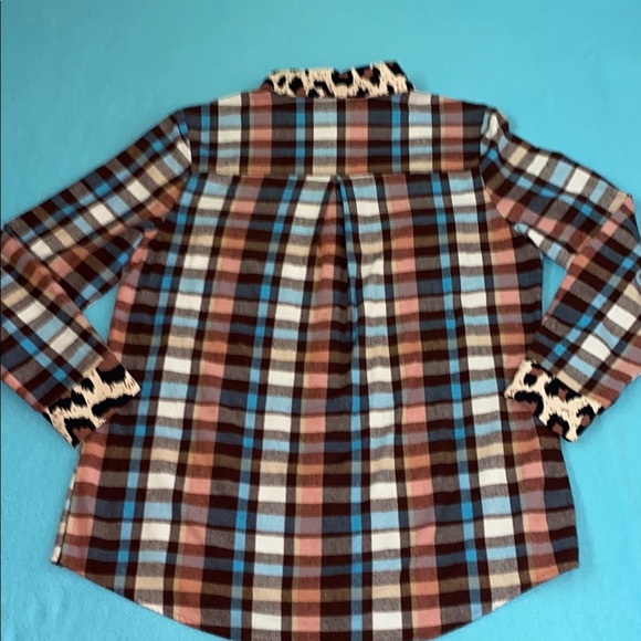 ASVIVID Plaid Tunic button up roll tab long sleeves leopard print accents size L - Picture 3 of 11